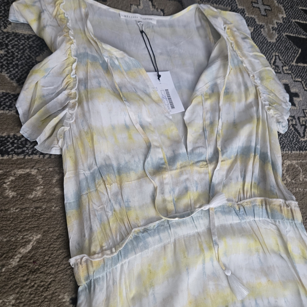 Nwt MELISSA NEPTON Yellow & White Striped Midi Dress | Ruffle Hem Feminine - Picture 5 of 7